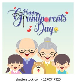 Happy Grandparent's Day. Photo of grandparents & grandchildren with dog and greeting lettering. Cute cartoon grandfather, grandmother, grandson and granddaughter vector illustration.