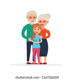 Happy grandparents ' day. Postcard. Happy Grandfather and grandmother hugging granddaughter. A little girl gives flowers to grandma and grandpa. Loving family.  Vector images in cartoon style