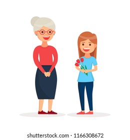 Happy grandparents Day. Postcard. Happy grandmother and granddaughter. Little girl give flowers to grandma. Vector images in cartoon style