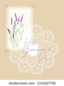 Happy Grandparents Day postcard greeting in vintage scrapbooking collade style, old letter and lavender and lace doily. Vector illustration