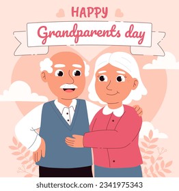 Happy grandparents day poster. International holiday and festival. Grandfather and grandmother. Elderly couple and old family smilling in heart shape. Love and care. Cartoon flat vector illustration