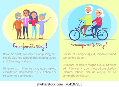 Happy grandparents day poster with senior couple riding on bike and having fun with grown up children. Grandmother and grandfather vector set