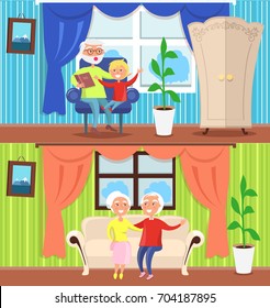 Happy grandparents day poster with senior man reading book to grandson and couple sitting together on sofa in cosy house in front of window with curtains