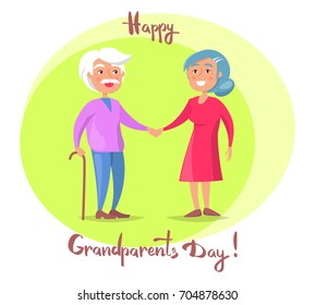 Happy grandparents day poster with senior lady and gentleman with stick walk together holding hands vector illustration postcard in circle on white