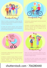 Happy grandparents day poster with senior couple riding on bike and having fun with grown up children, taking care about kids vector illustrations set