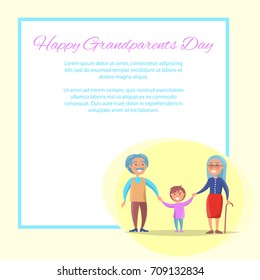 Happy grandparents day poster with senior couple walking with grandson holding hands vector illustration with place for text in frame