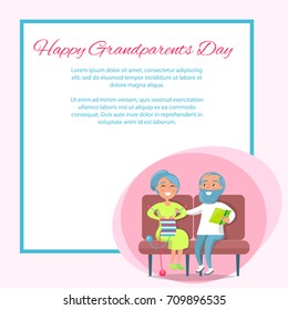 Happy grandparents day poster with senior lady knitting and gentleman reading on sofa, couple sit together vector with place for text in frame