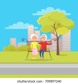 Happy grandparents day poster with senior couple sitting on bench together, old husband and wife together on background of skyscrapers in city park vector illustration