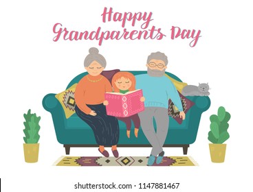 Happy Grandparents Day. Happy grandparents reading book with grandchild. Heartwarming grandparent family concept. Hand lettering. Original vector illustration.