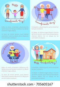 Happy Grandparents Day set of posters with text. Isolated vector illustration of cheerful grandmother and grandfather with their grandchildren