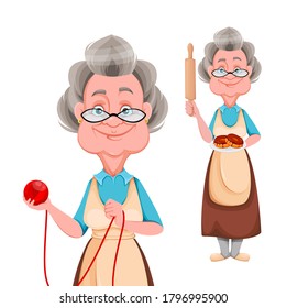 Happy Grandparents day, set of two poses. Cute smiling old woman. Cheerful grandmother cartoon character. Vector illustration