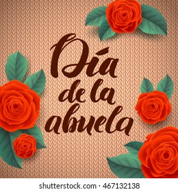 Happy Grandparents Day Spanish Calligraphy Greeting Card on Light Knitted Background with Rose Flowers.