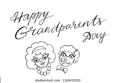 Happy Grandparents Day text as celebration badge, tag, icon. Handdrawn grandfather and grandmother icon. Curly hair and glasses, butterfly tie,beads.Lettering typography poster. Vector illustration. .