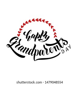 Happy Grandparents Day text as celebration badge, tag, icon. Lettering typography poster. Vector illustration on textured backgroung and wreath of hearts. Family holiday.