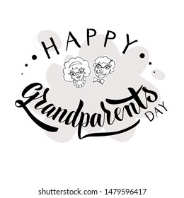 Happy Grandparents Day text as celebration badge, tag, icon. Vector illustration with pink texture and portrait of grandparents . Lettering typography poster.  Family holiday.