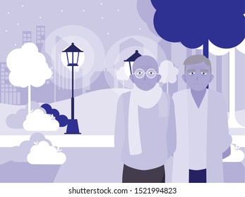 happy grandparents day - two old men grandfathers city park scene vector illustration