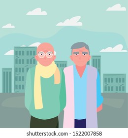 happy grandparents day - two old men grandfathers in the city street vector illustration