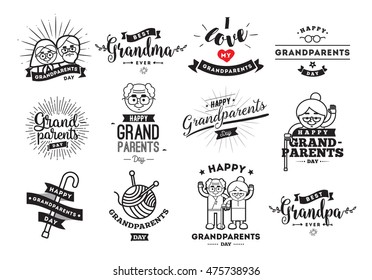 Happy Grandparents day typographic emblems, logo set. Grandma and grandpa vector illustration. Design for greeting card, flyer, poster, banner or t-shirt.