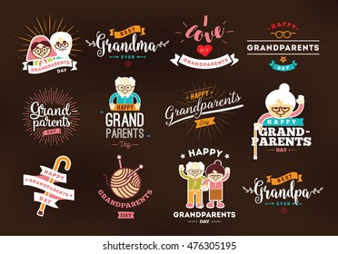 Happy Grandparents day typographic emblems, logo set. Grandma and grandpa vector illustration. Design for grandparents day greeting card, flyer, poster, banner or t-shirt.
