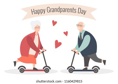 Happy Grandparents day. Vector cartoon illustration. Grandpa and grandma. Elderly couple. Old woman and old man on the scooter.