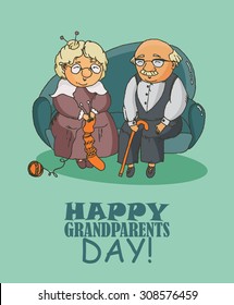 Happy grandparents day vector greeting card in doodle design. Happy retired couple