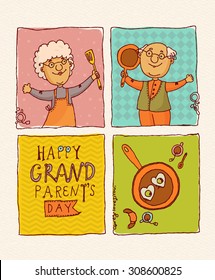 Happy Grandparents Day Vector Greeting Card In Doodle Design. Happy Retired Couple