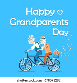 Happy Grandparents Day. Vector holiday card with old man and old woman drive by bike