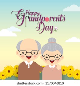 Happy Grandparent's Day vector illustration. Cute Cartoon grandparents with greeting lettering and flowers. Senior or mature couple.