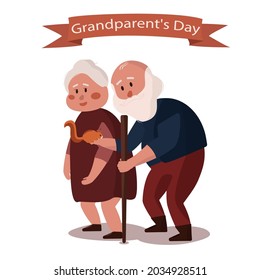 Happy grandparent's day.Grandmother and grandfather together.Elderly couple walking with squirrel.A man and a woman of old age.Grandparents Day flat vector llustration on white isolated background.