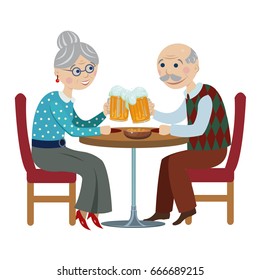 Happy grandparents drinking beer in a cafe