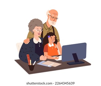 Happy Grandparents and Grandchild sitting at the table in the laptop together.Grandma ,Grandfather help to Study their Girl.Warm relationships,retired pensioners support child.Flat Vector Illustration