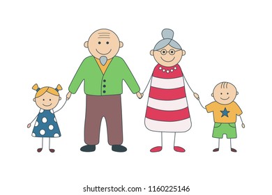 Happy grandparents and grandchildren. Happy day. Vector illustration in cartoon style. Isolated 