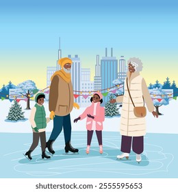 Happy grandparents with grandchildren on the skating rink. Active pensioners and time with grandchildren. Winter active recreation. Vector illustration on a white background.