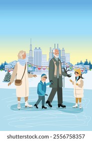 Happy grandparents with grandchildren on the skating rink. Active pensioners and time with grandchildren. Winter active recreation. Vector illustration on a white background.