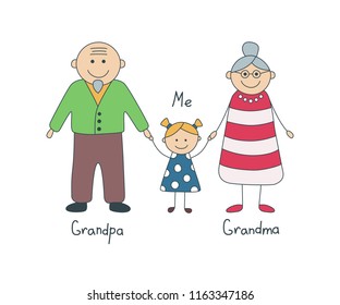 Happy grandparents and granddaughter. Children's drawing. Vector illustration in cartoon style. Isolated