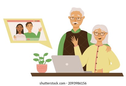Happy grandparents has video call with their grandson and his bride. International traditional relations. Modern technologies for senior. Vector illustration isolated on white background