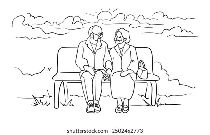 Happy grandparents holding hands on a bench continuous line art drawing isolated on white background. Old people in love. Vector illustration