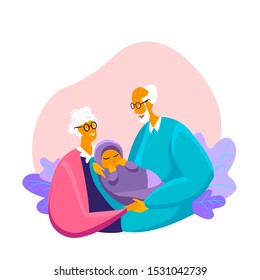 Happy grandparents holding their newborn baby caring and nursing him in hands. Happy old lady and man adopted a grandchild. Adoptee week banner. Rehabilitation and support. Flat vector illustration