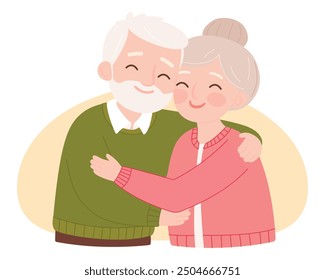 Happy grandparents isolated on white background with hearts. International day of older persons concept for poster, greeting cards etc. Cute flat style 