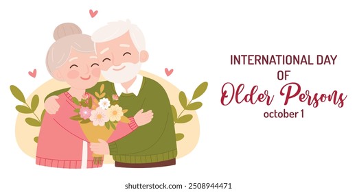 Happy grandparents isolated on white background with hearts. International day of older persons concept for poster, greeting cards etc. Cute flat style 