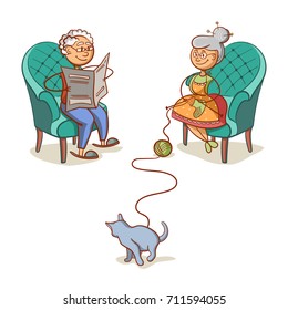 Happy grandparents isolated on white background. Grandfather reading a newspaper. Grandmother knits socks. The cat playing with a ball of yarn. Vector illustration