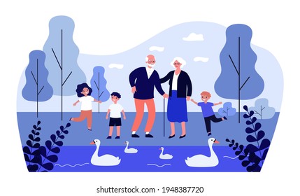 Happy grandparents and kids walking in park together. Lake, swan, grandchild flat vector illustration. Family and outdoor activity concept for banner, website design or landing web page