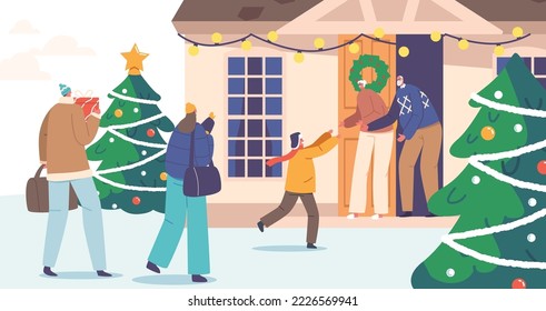 Happy Grandparents Meet Family at Home for Christmas Celebration. Young and Old Generation Characters Holidays Meeting. Parents with Children Winter Festive Visit. Cartoon People Vector Illustration