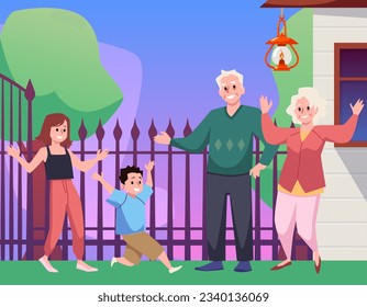 Happy grandparents meeting grandchildren in front of house, flat vector illustration. Children running to their grandpa and grandma. Family welcoming each other.