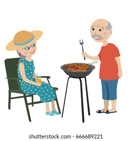 Happy grandparents on a rest . Happy grandparents fry sausages on a barbecue