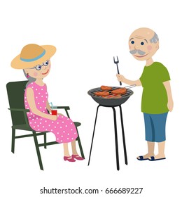 Happy grandparents on a rest . Happy grandparents fry steaks on a barbecue