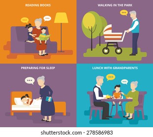 Happy grandparents are playing with children. Family flat icons set of reading books and preparing for sleep with grandmother, having lunch and walking with old grandparent. Family and parents concept