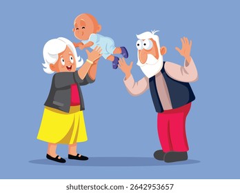 
Happy Grandparents Playing with They Grandchild Vector Illustration. Little kid being entrained by grandma and grandpa
