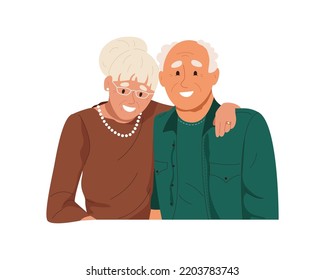 Happy grandparents portrait. Elderly man and woman hugging. Smiling senior couple in romantic relationship. Old people in love. Flat vector illustration isolated on white background