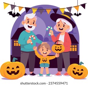 Happy Grandparents prepare for a fun night of trick-or-treating with their excited granddaughter on Halloween. The joy of the season fills the air as they get ready for a memorable evening of treats a